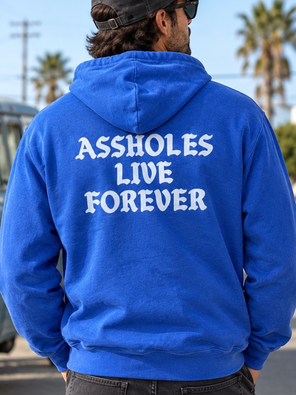 Assholes Live Forever Hoodie Zip Up Blue Small NWOT Graphic Front Back Mens